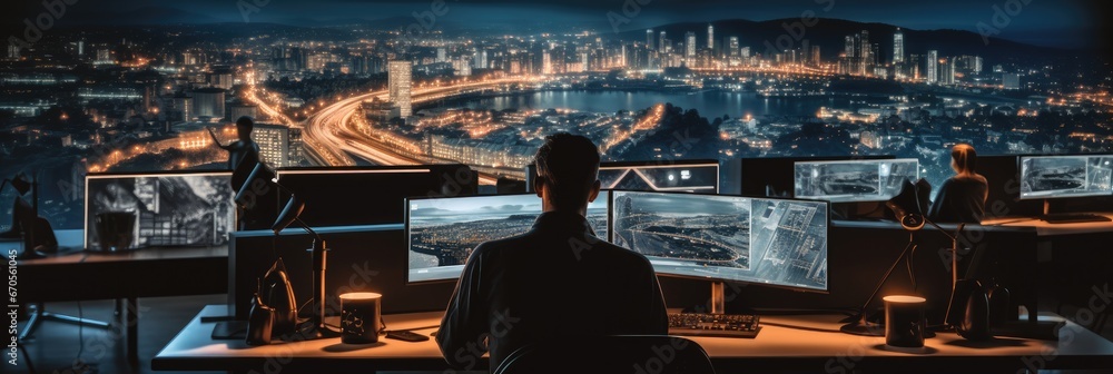 Leinwandbilder Specialists Working on Desktop Computers With Big monitor Screen Shows Surveillance Satellite Data Traffic Footage Reports with City Map.