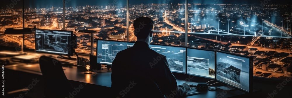 Leinwandbilder specialists working on desktop computers with big monitor screen shows surveillance satellite data t