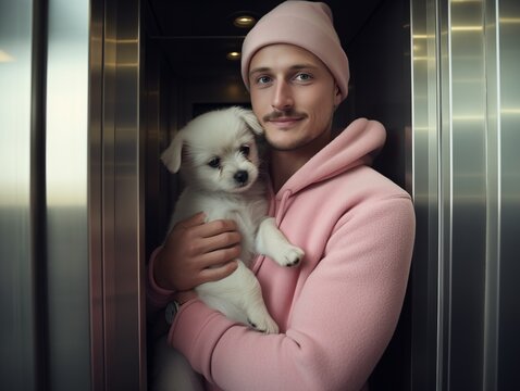 Junger Mann im rosa Sweatshirt mit kleinem Hund