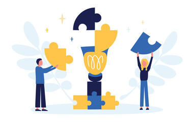 Business concept. Team metaphor. People connect puzzle elements. Flat illustration in flat design style. Teamwork, collaboration, partnership. Businessmen working together and moving towards success.