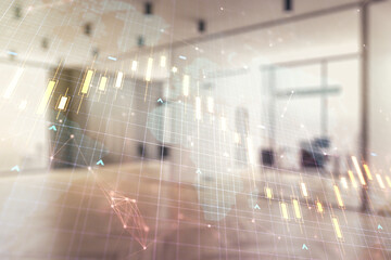 Multi exposure of virtual abstract financial graph hologram and world map on a modern furnished classroom background, financial and trading concept
