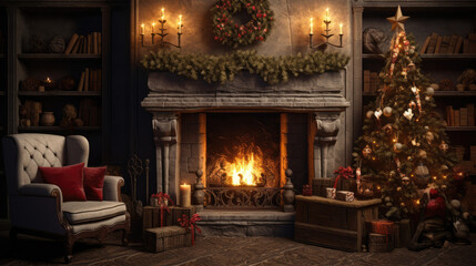 Old marble fireplace with christmas decorations, candles and wreath, big xmas tree and lot of presents. Winter happiness and joy, time spend with beloved ones and family.