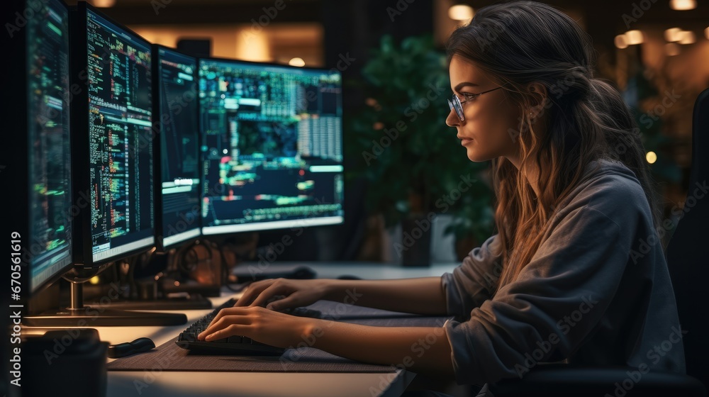 Poster Female Programmer Coding on Desktop Computer With Monitors Setup in modern Office, Woman Monitors Data Protection System For Cyber Security.