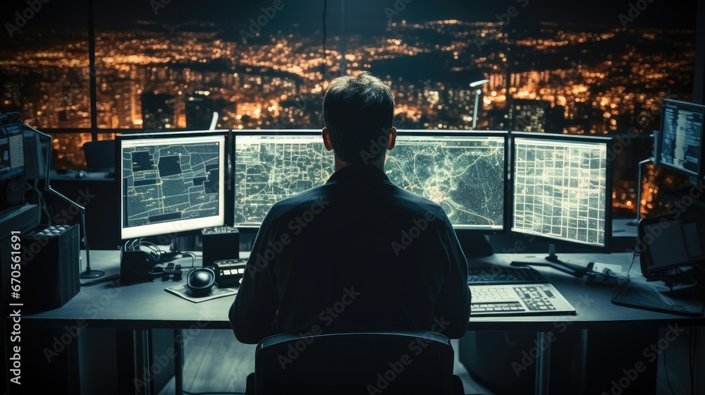 Aufkleber security guard with computer monitor in surveillance room at night.