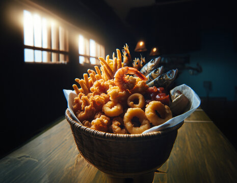 Fried Seafood Variety Featuring Golden-Brown Shrimp in a Basket Close-up Photo