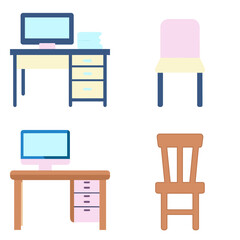 Icon set working place table desk and chair with computer elevation office furniture