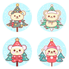 Set of Christmas Tree Cute Teddy Bear Doll Festive illustration vector
