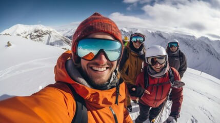Fototapeta na wymiar Friends taking selfie wearing winter and hiking cloths in snow mountains, generative AI.