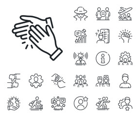 Fototapeta premium Clap sign. Specialist, doctor and job competition outline icons. Clapping hands line icon. Victory gesture symbol. Clapping hands line sign. Avatar placeholder, spy headshot icon. Vector