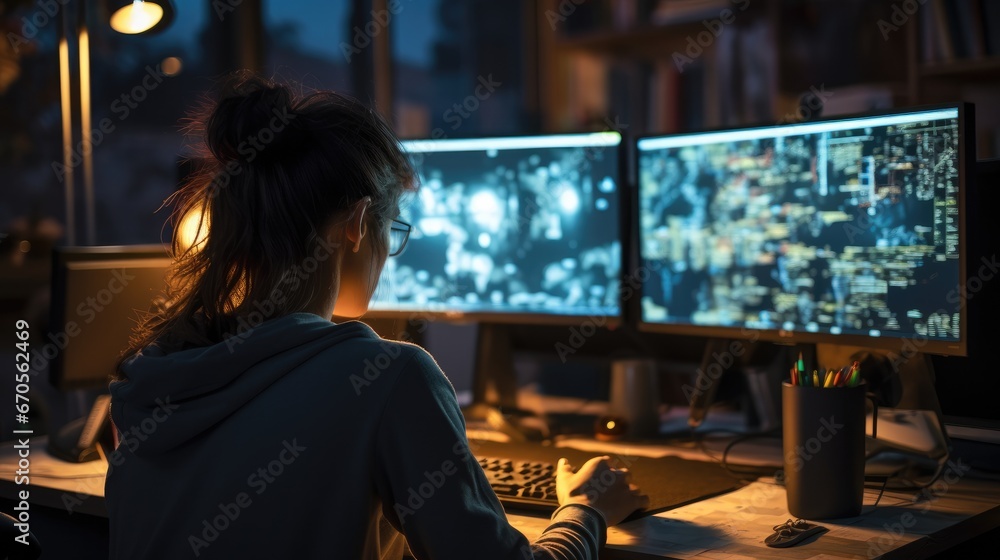 Poster programmer working late at night on a computer in a dark room, working late.