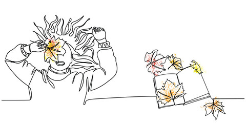 Autumn leaves isolated line art vector.Vintage book fall mood. Autumnal line art.Maple leaves. Autumn background.Oak leaves line art.Continuous line.Isolated vector.Winter aesthetics.mental wellness