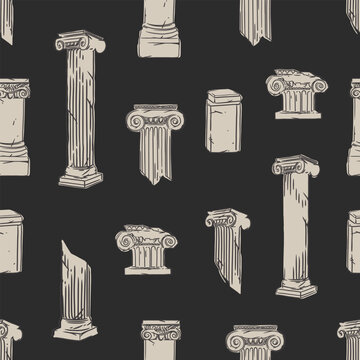Hand drawn vector abstract graphic, greek ancient sculpture statues and column line art modern seamless pattern.Antique vintage classic sculpture columns line style.Antique statue design background.