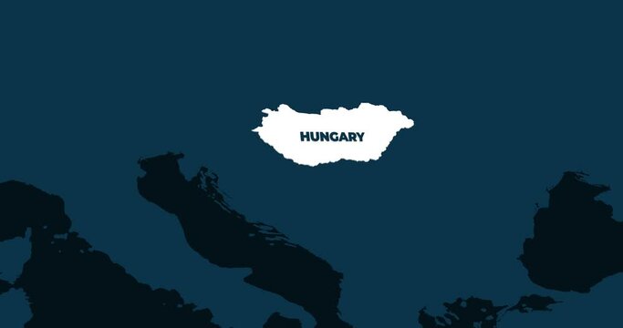 World Map Zoom In To Hungary. Animation in 4K Video. White Hungary Territory On Dark Blue World Map
