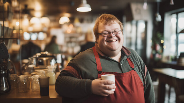 A cheerful coffee shop employee with Down syndrome, standing at the bar, looking happy and smiling, holding his cup of coffee 