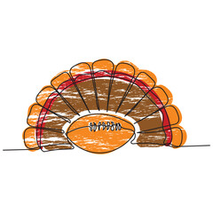 A thanksgiving turkey tail with American football line art. Significance of football during thanksgiving. Festival. Event in american culture associated with thanks giving. Continuous line art vector