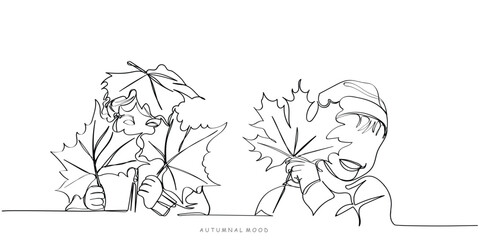Maple and oak leaves elements line art vector. One continuous line art of autumn leaves. Autumn forest background. Yellow orange and rusty dead leaves. Fall mood. October welcomes thanksgiving. Sign