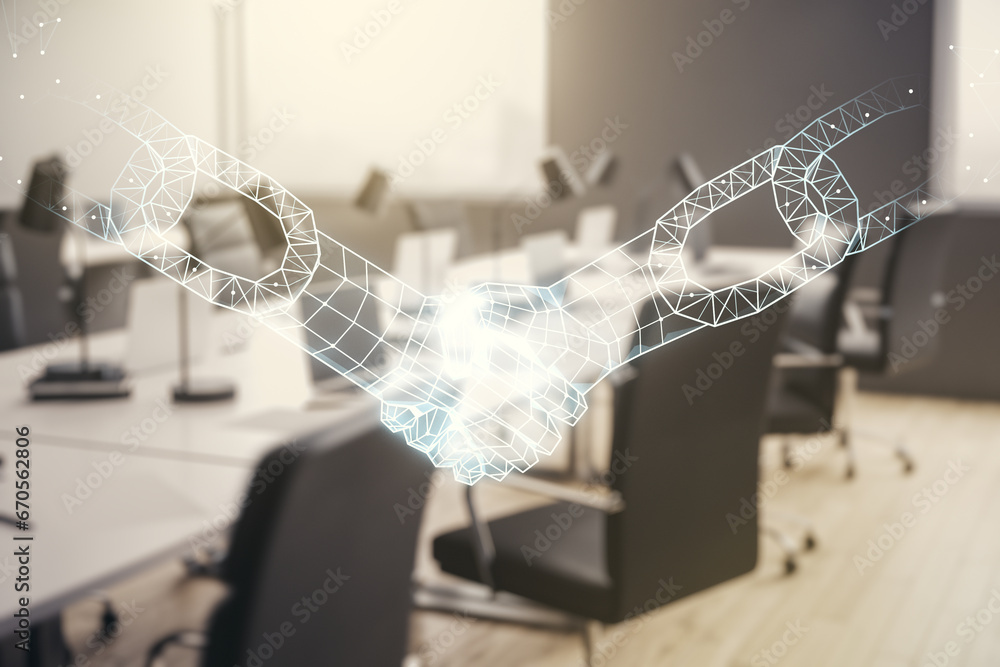 Aufkleber double exposure of abstract virtual blockchain technology hologram with handshake on modern corporat