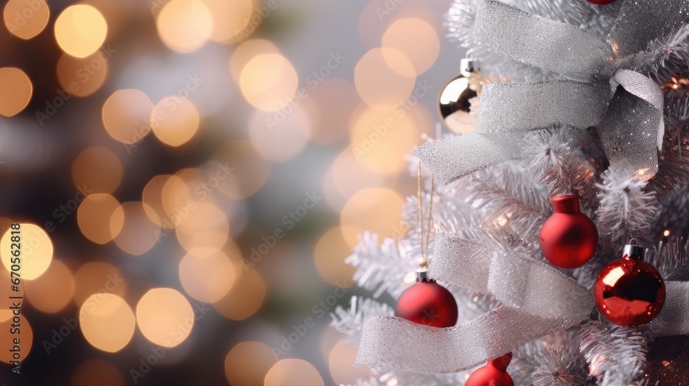 Poster a close up of a christmas tree with red and white baubles hanging from it's branches and lights in t
