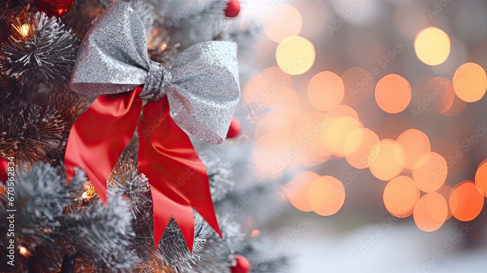 Poster a close up of a christmas tree with a red and silver bow hanging from the top of it and a blurry bac