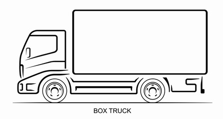 Box truck silhouette isolated on white background. Side view of the truck. Line art design template. Vector illustration.