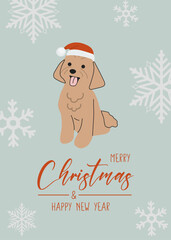 Christmas Poodle in hand drawn style. Greeting text Merry Christmas. Beautiful illustration for greeting cards, posters and seasonal design.