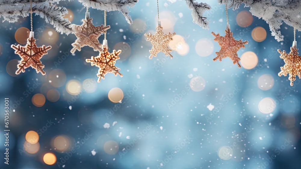 Aufkleber a bunch of snowflakes hanging from a tree in front of a blurry background of snow flakes. generative