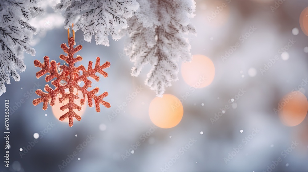 Poster a red snowflake hanging from a branch of a tree with snow flakes and boke lights in the background. 