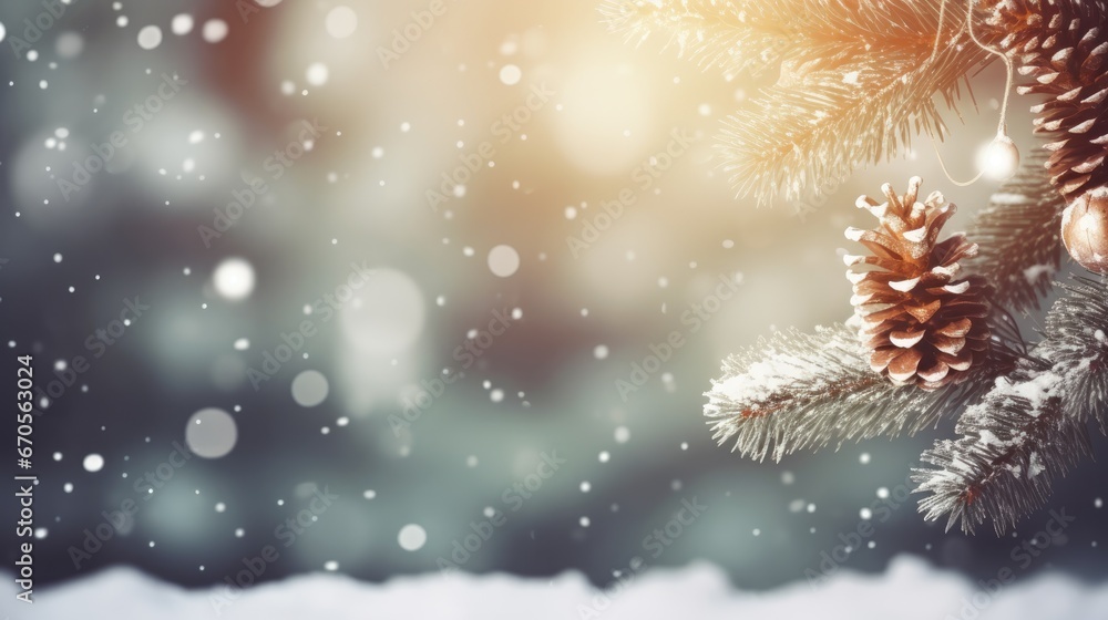 Poster a pine cone hanging from a branch of a pine tree in the snow with a boke of snowflakes in the backgr