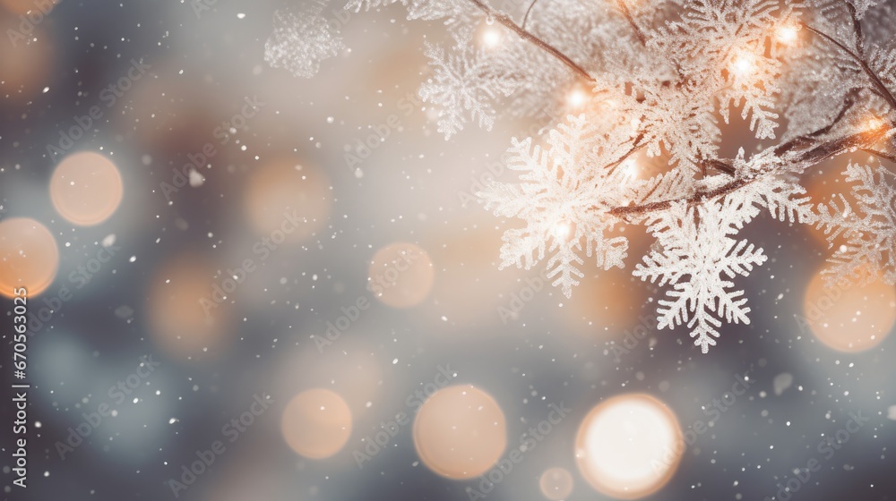 Poster  a close up of a snowflake on a branch with a blurry background of boke of lights.  generative ai