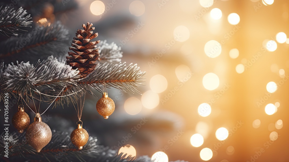 Poster a close up of a pine cone on a pine tree with a blurry background of boke of lights. generative ai