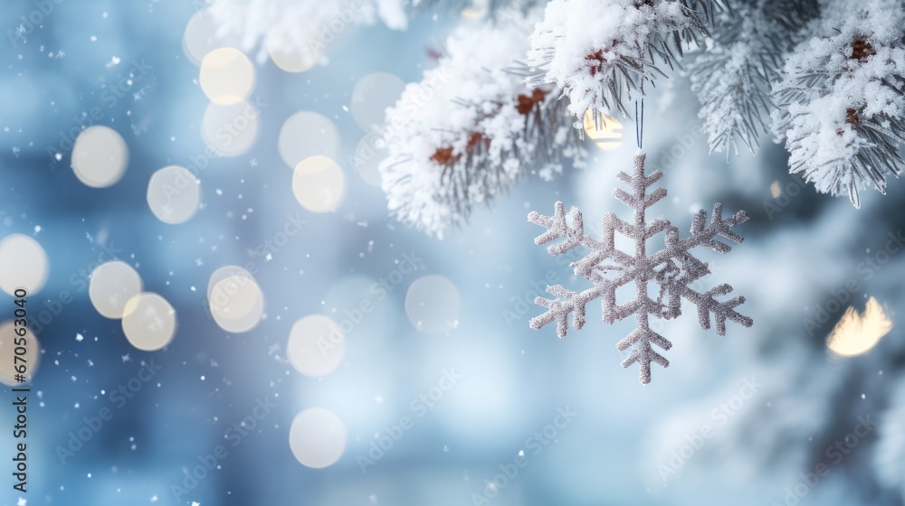 Poster a snowflake ornament hanging from a christmas tree in front of a blurry background of lights. genera