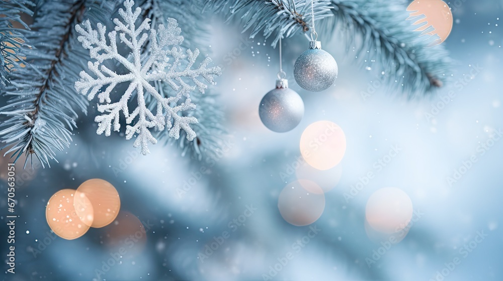Poster a close up of a christmas tree with a snowflake ornament hanging from it's branches. generative ai