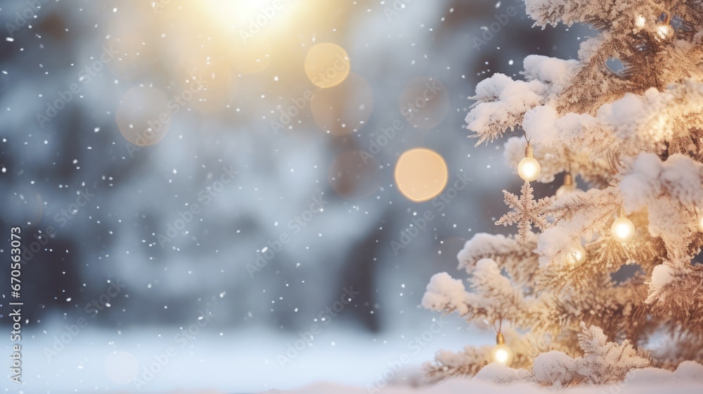 Poster a close up of a christmas tree in the snow with a bright light shining on the top of the tree. gener