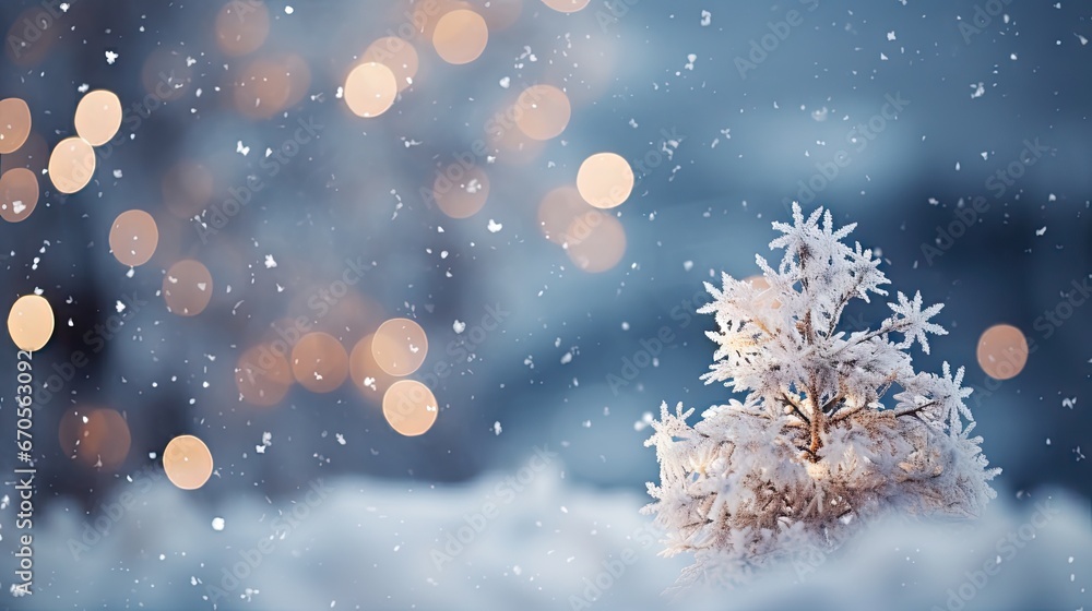 Poster a small christmas tree covered in snow with bokeh lights in the background, creating a blurred effec