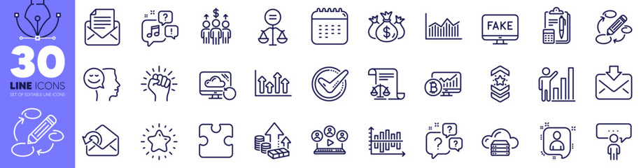 Inflation, Video conference and Keywords line icons pack. Incoming mail, Accounting, Legal documents web icon. Mail correspondence, Consulting business, Star pictogram. Calendar. Vector