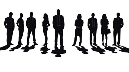 Silhouettes of business people standing, men and women full length in formal office black monochrome illustration isolated on transparent background, PNG file - obrazy, fototapety, plakaty