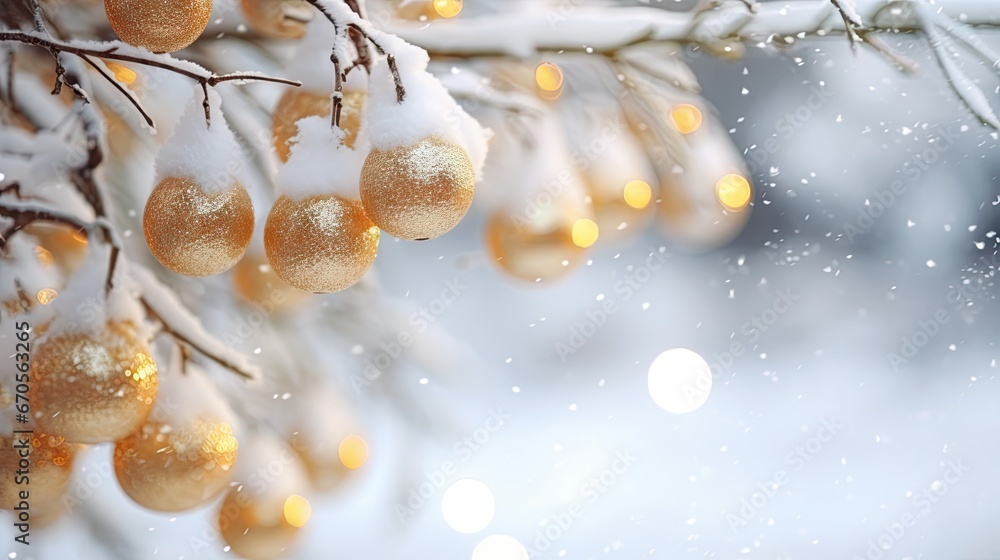 Aufkleber a close up of a bunch of fruit on a tree branch with snow on the branches and lights in the backgrou