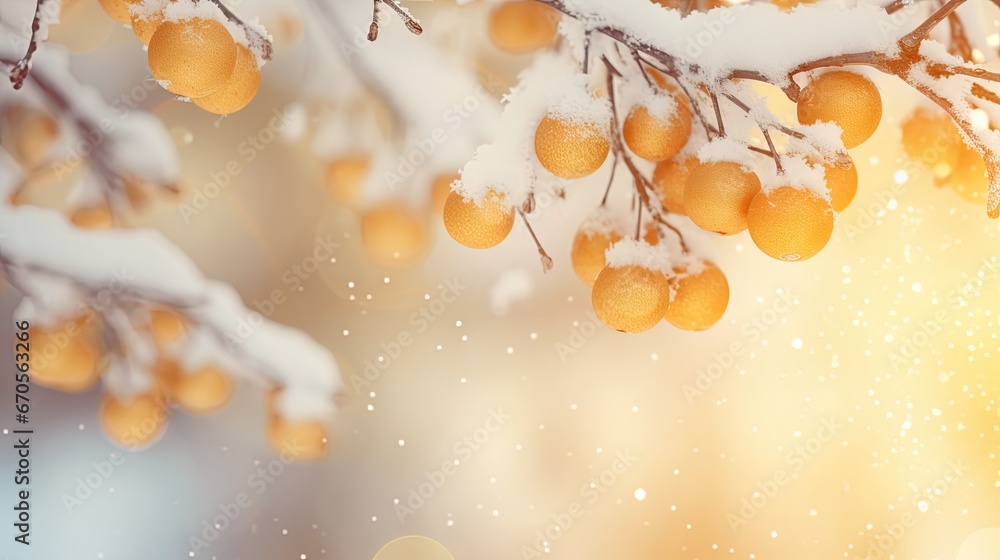 Poster a close up of a bunch of oranges on a tree with snow on the branches and a blurry background. genera