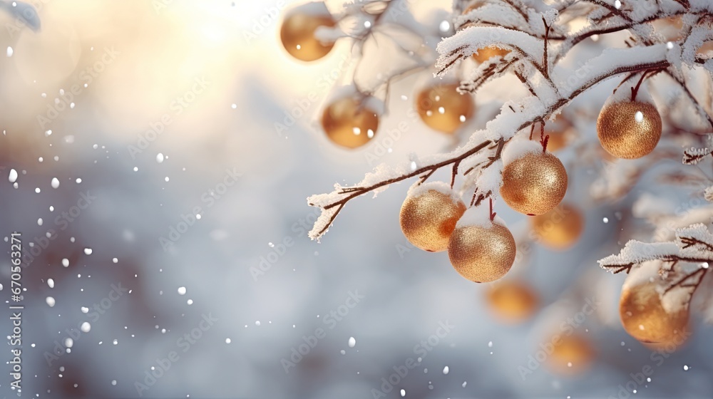 Poster a close up of a bunch of fruit on a tree branch with snow on the ground and trees in the background.