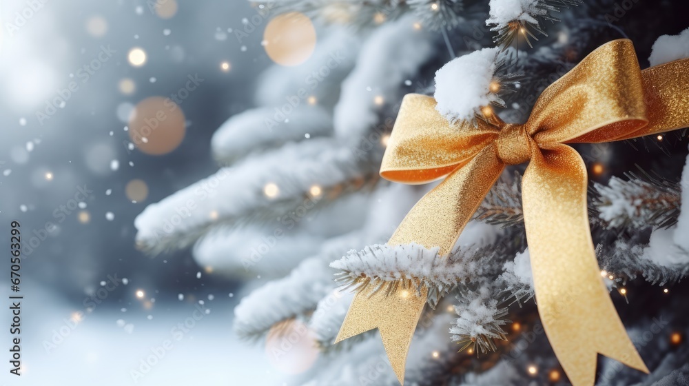 Poster a close up of a christmas tree with snow on it and a yellow bow on the top of the tree. generative a