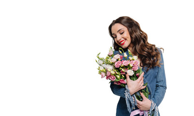 A Beautiful Woman Holding a Colorful Bouquet of Flowers. A woman is holding a bouquet of flowers