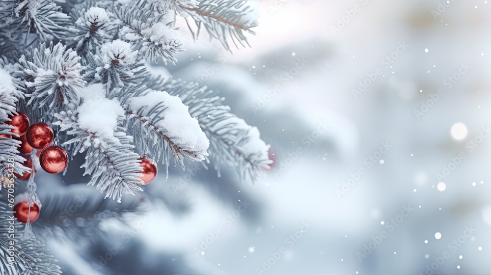 Poster a close up of a pine tree with red baubles hanging from it's branches in the snow. generative ai