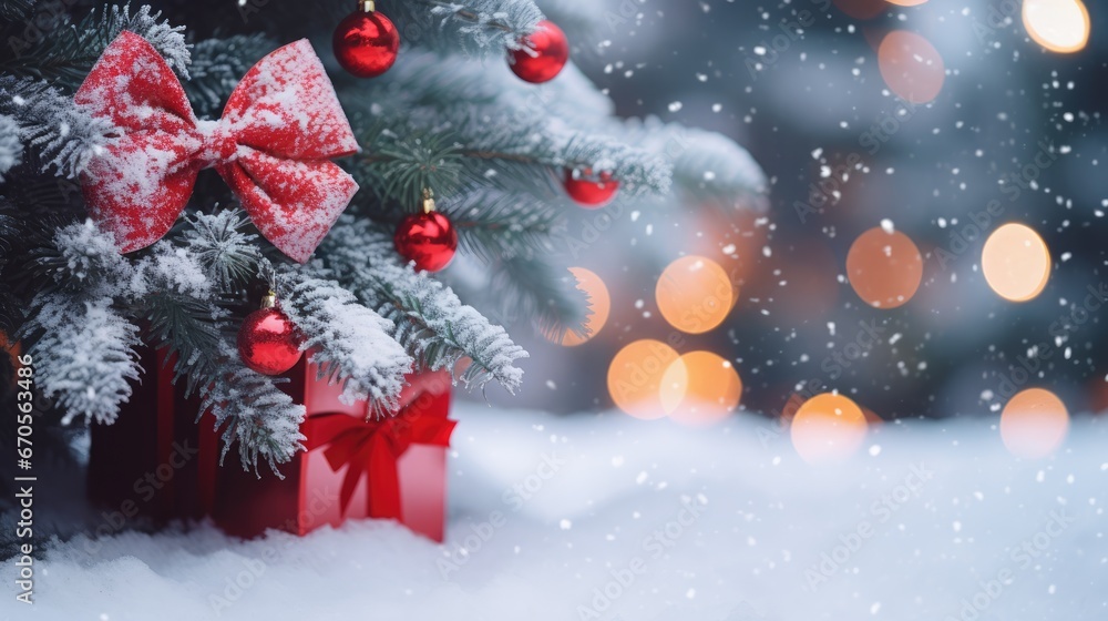 Poster a christmas tree with a red bow and a red ornament hanging from it's side in the snow. generative ai