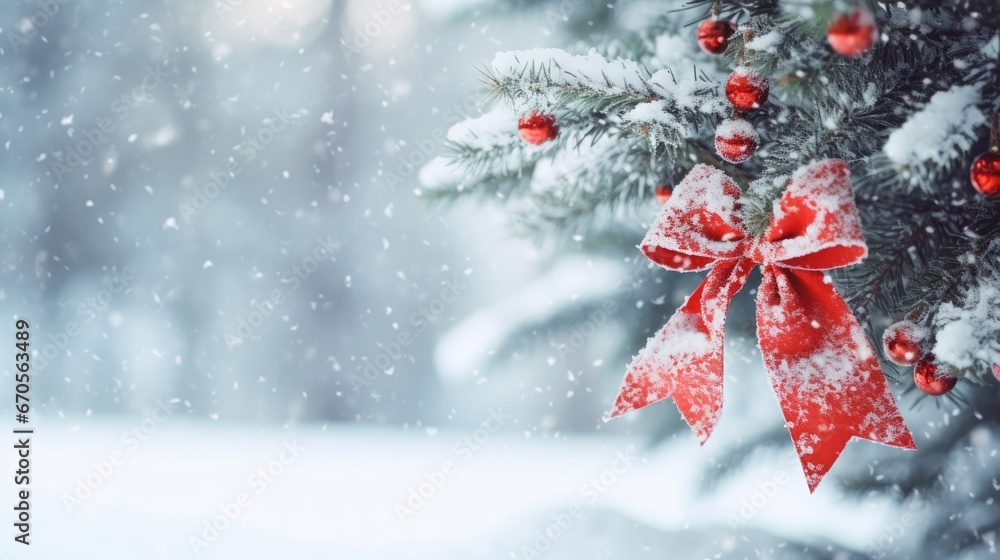 Poster a close up of a christmas tree with a red bow on it's bow and snow falling on it. generative ai
