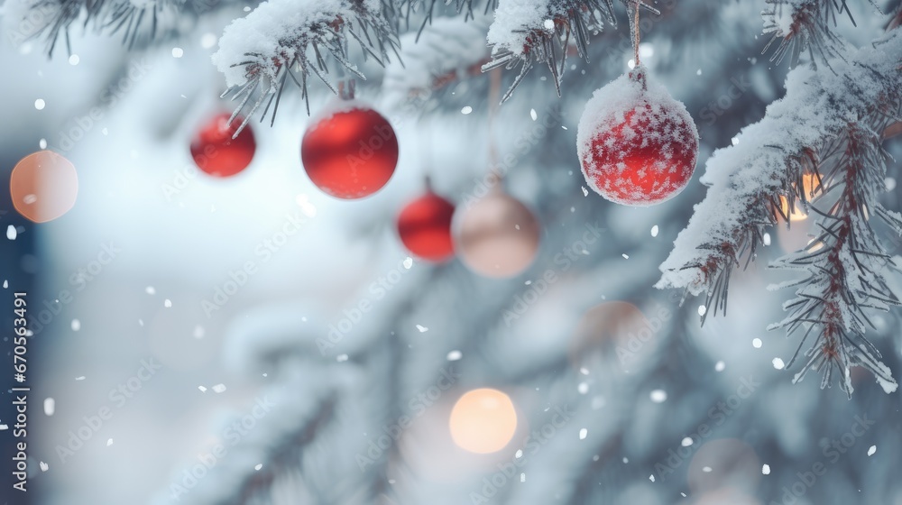 Poster a close up of a christmas tree with ornaments hanging from it's branches and snow falling on the bra