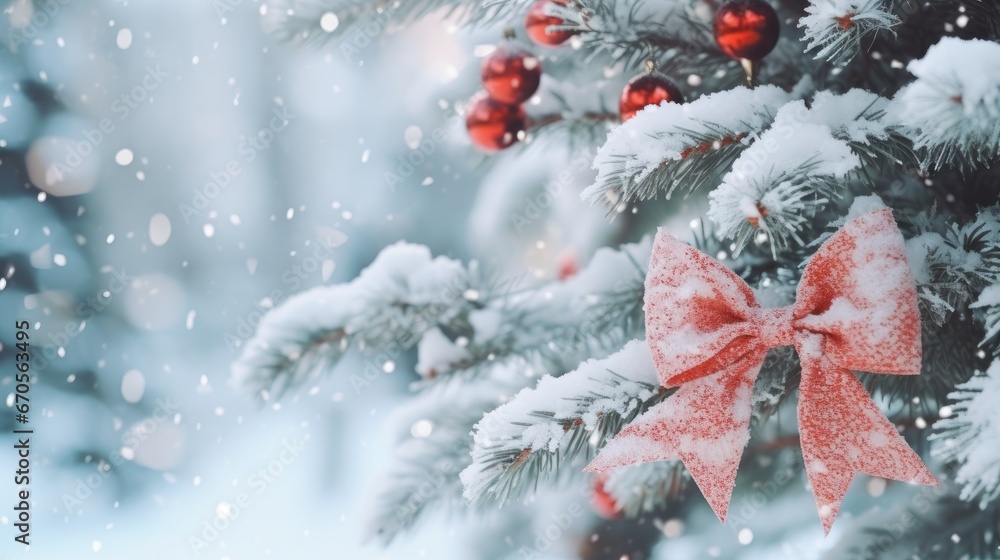 Poster a close up of a christmas tree with a red bow on it with snow falling on the branches and a red baub