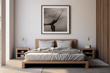 Mock up image with one square frame for your photo. Big and clean bedroom with king bed.