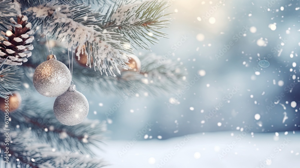 Poster a close up of a pine tree with ornaments hanging from it's branches in the foreground and snow falli