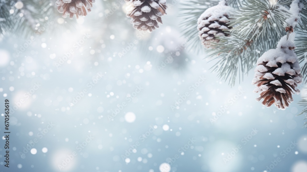 Aufkleber a pine cone hanging from a pine tree branch covered in snow with boke of snowflakes in the backgroun