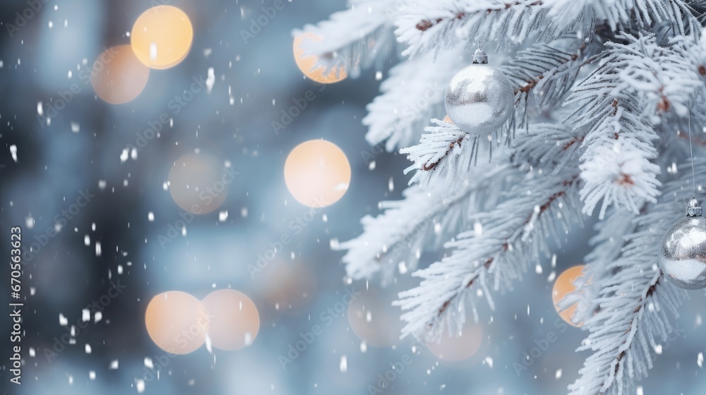 Aufkleber a close up of a pine tree with a lot of snow on it and a lot of lights in the background. generative